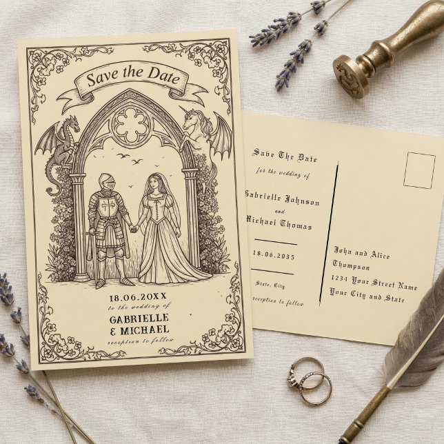 Cartão Postal Papel Antigo Sepia Gótico Medieval Salvar a Data (Criador carregado)