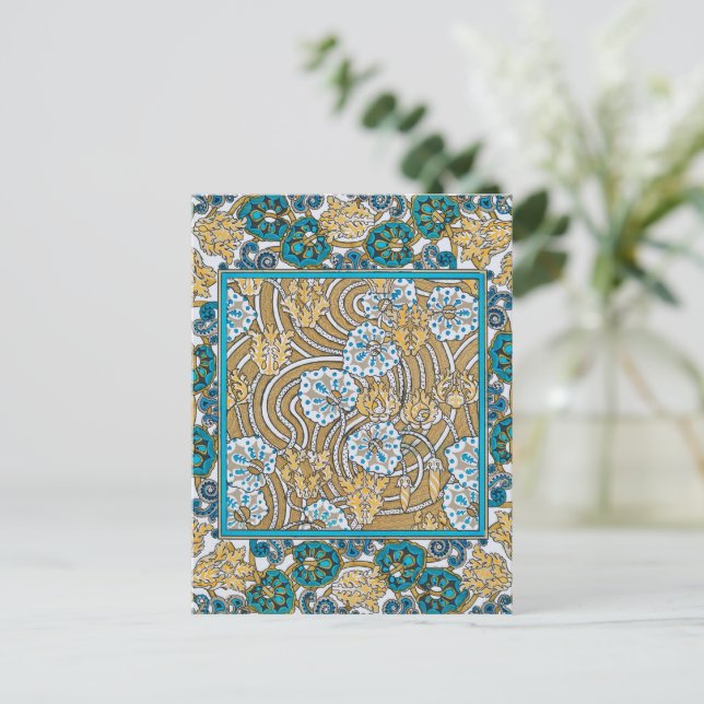 Cartão Postal papel de parede de flores azul-de-art-nouveau (Em pé/Frente)
