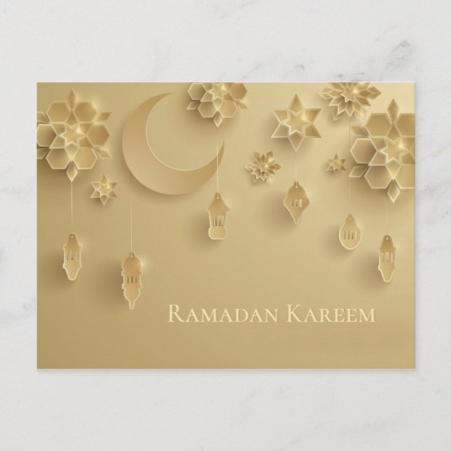 Cartão Postal Paper cut Ramadan Lanterns, Moon, Flowers, gold (Frente)