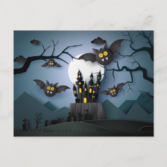 Cartão Postal Papercut Haunted Castle e Bats (Frente)