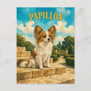 Cartão Postal Papillon, Arte de Cachorro em Aquarela Vintage