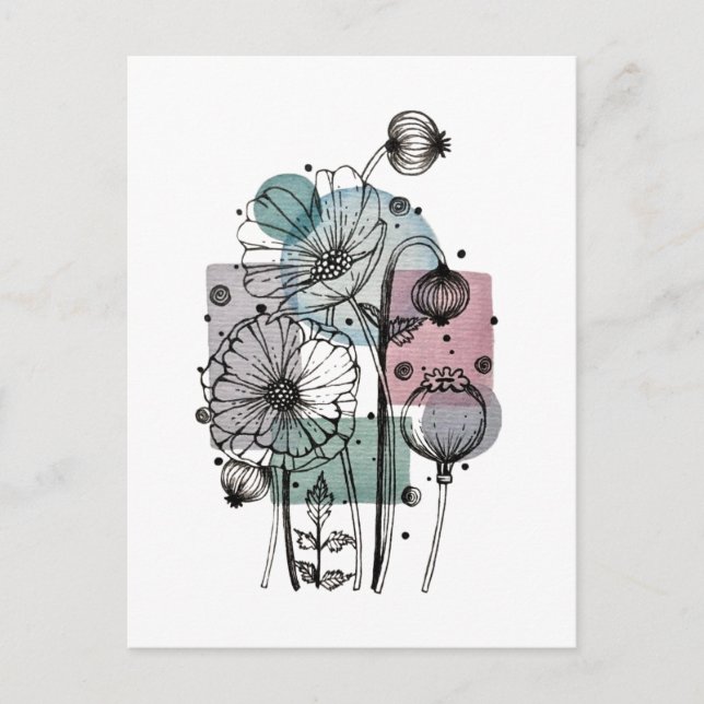 Cartão Postal Papoulas Doodle Em Tinta E Aquarela (Frente)