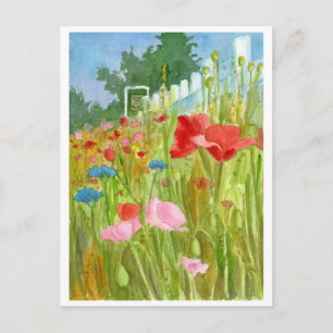 Cartão Postal Papoulas Rosa Vermelho Flores Aquarela