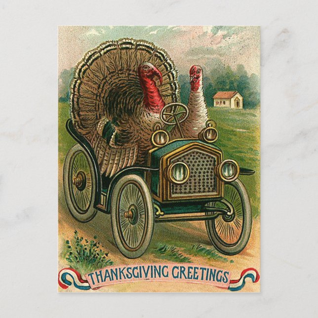 Cartão Postal Par de perus em um carro clássico, engraçado vinta (Frente)
