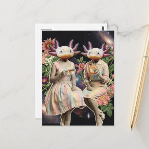 Cartão Postal Par surreal engraçado de axolotl colagem de café d