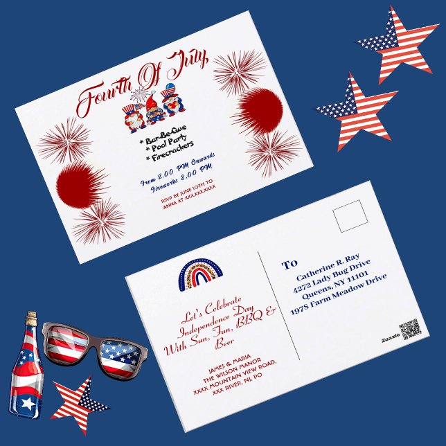 Cartão postal para o CHURRASCO dos Gnomos Patrióti (4th July Patriotic Gnomes BBQ Invitation Postcard)