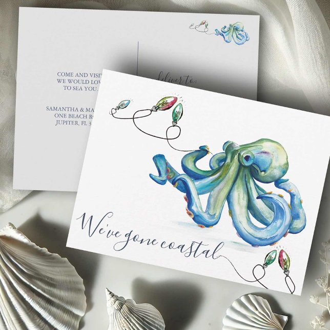 Cartão Postal Para o novo anúncio de mudança de casa na praia (Beach Christmas moving announcements cards watercolor octopus art Victoria Grigaliunas DoTellABelle)