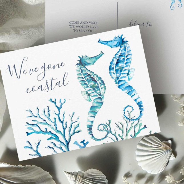 Cartão Postal Para o novo anúncio de mudança de casa na praia (Beach moving announcement postcards watercolor seahorses by Victoria Grigaliunas Do Tell A Belle)
