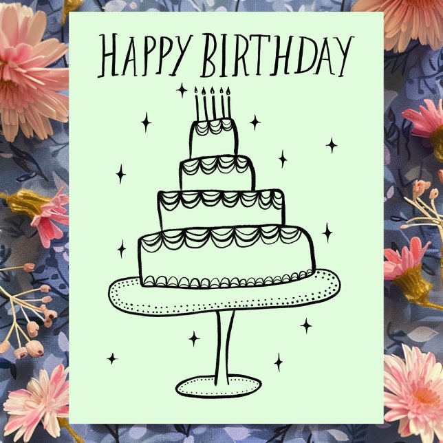 Cartão Postal Parabéns, Bolo Whimsical Sketch Doodle (Happy Birthday Cake Whimsical Sketch Doodle Postcard
)