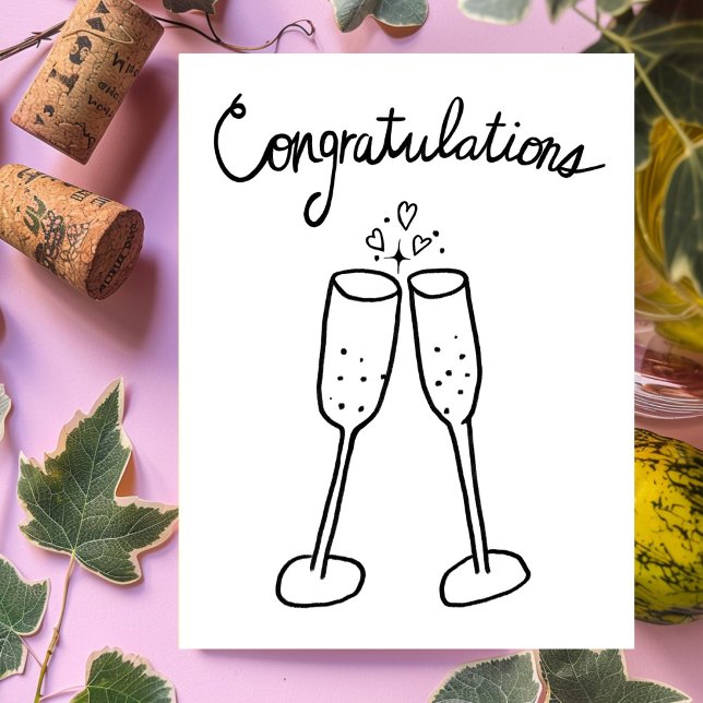 Cartão Postal Parabéns Champanhe Brindes Esboço Desenho (Congratulations Champagne Cheers Sketch Doodle Wedding Engagement Anniversary Postcard
)