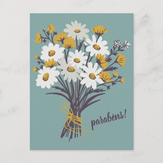 Cartão Postal PARABÉNS CONGRATULAÇÕES Daisy Bouquet  Personaliza (Frente)