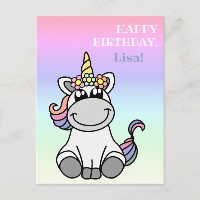 Cartão Postal Parabéns Cute Unicorn Arco-íris Rosa (Frente)