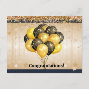 Cartão Postal Parabéns! Design elegante preto e dourado.