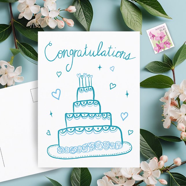 Cartão Postal Parabéns Esboço de Desenho de Noivado  (Congratulations Wedding Engagement Sketch Doodle Postcard Cake Whimsical)
