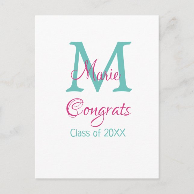 Cartão Postal Parabéns graduado nome monograma verde rosa azul t (Frente)
