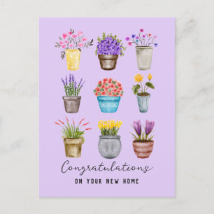 Cartão Postal Parabéns Nova Casa Flores Empotadas Elegantes