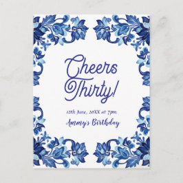 Cartão Postal Parabéns trinta aniversário azul royal floral bord