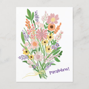 Cartão Postal Parabéns Wildflowers Pintado à Mão Gouache Congrat