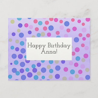 Cartão Postal Paradeiro feliz personalizável confetti roxo