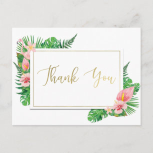 Cartão Postal Paraiso Tropical Folhas de Flamingo Ouro Obrigado