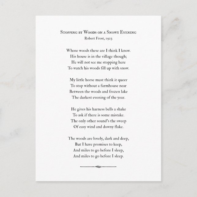Cartão Postal Parando por Woods numa Noite Neve, Robert Frost (Frente)