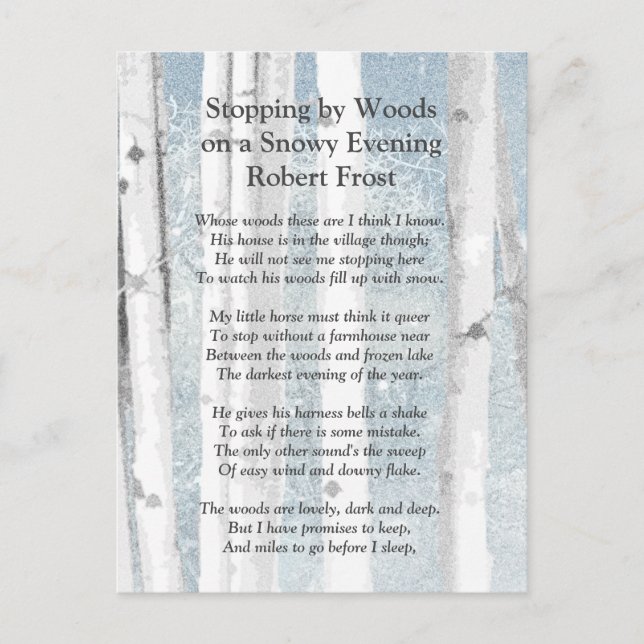Cartão Postal Parando por Woods Snowy Noite, Robert Frost Poem (Frente)
