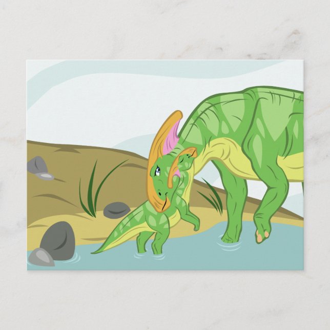 Cartão Postal Parasaurolophus Mãe e Bebê (Frente)