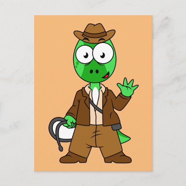 Cartão Postal Parasaurolophus Vestido Como Indiana Jones. (Frente)