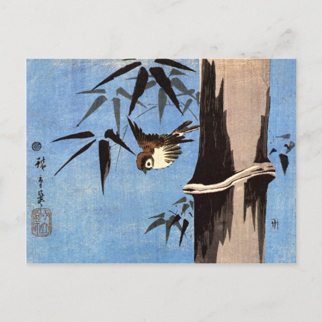 Cartão Postal Pardal e bambu, Ando Hiroshige (Frente)