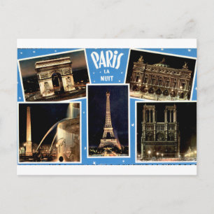 Cartão Postal Paris à Noite Colagem de Pontos Turísticos Antigos