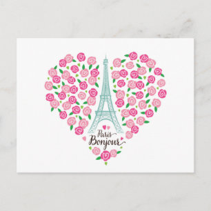 Cartão Postal Paris Bonjour   Coração Floral