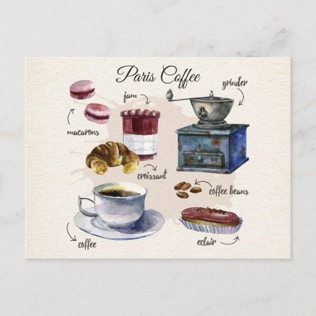 Cartão Postal Paris coffee and pastry treats illustration (Frente)