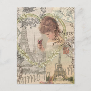 Cartão Postal Paris França Garota Bonita Suave Torre Eiffel
