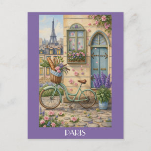 Cartão Postal Paris França Torre Eiffel Bicicleta Antiga Floral