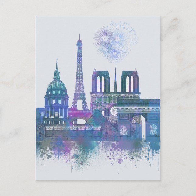 Cartão Postal Paris Skyline - Watercolor Blue (Frente)