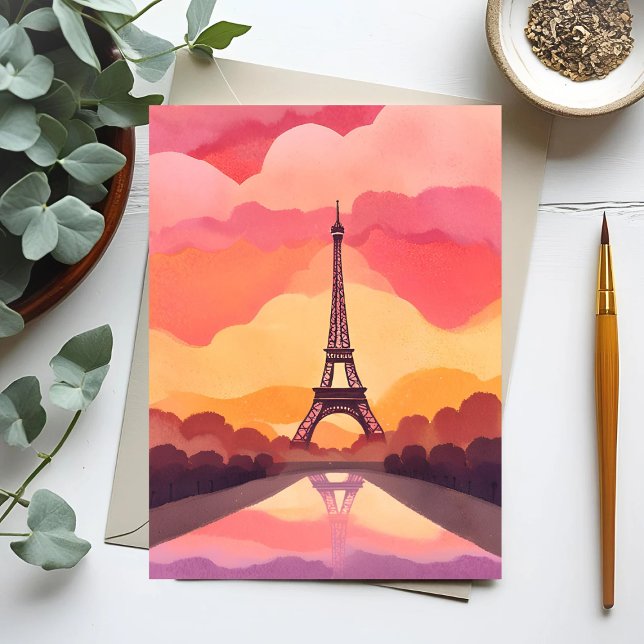Cartão Postal Paris Sunset | Eiffel Tower France Watercolor (Criador carregado)