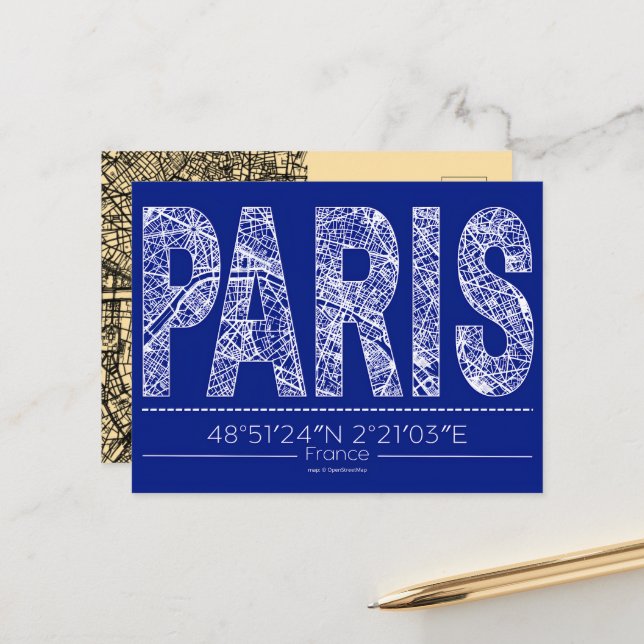 Cartão Postal Paris Typography Map Postcard Modern Travel Design (Frente/Verso In Situ)