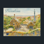 Cartão Postal Park Güell em Barcelona<br><div class="desc">Ilustração em aquarela do Park Güell em Barcelona mostrando sua arquitetura única e ambiente vibrante, com visitantes explorando.</div>