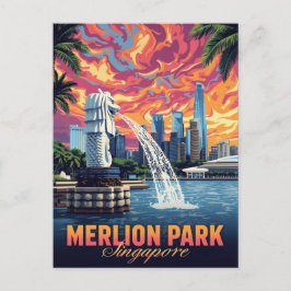 Cartão Postal Parque Merlion Singapura Silhueta da Cidade ao Pôr
