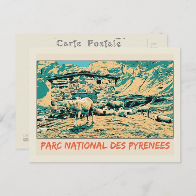 Cartão Postal Parque Nacional dos Pirenéus França, ovelhas (Frente/Verso)