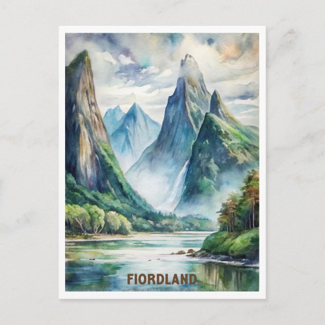 Cartão Postal Parque Nacional Fiorland Nova Zelândia Aquarela   (Frente)