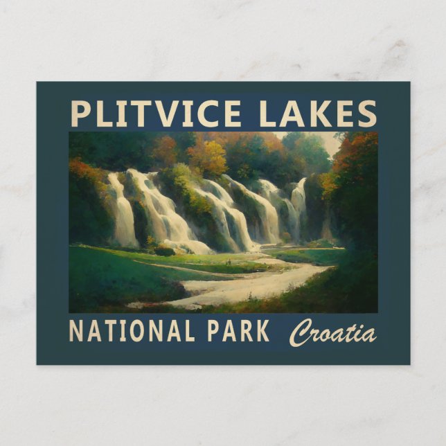 Cartão Postal Parque Nacional Lagos de Plitvice Croácia Aquarela (Frente)