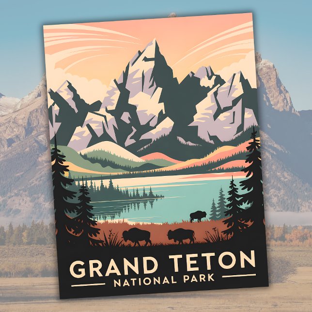 Cartão Postal Parque Nacional Pastel Retro Grand Teton com Bison (Pastel Retro Grand Teton National Park with Bison Postcard)