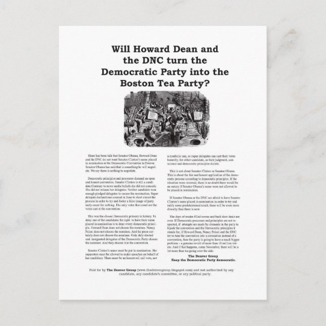 Cartão Postal Partido Democrático ou Partido do Tea de Boston (Frente)