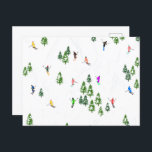 Cartão Postal Partido Freeride Alpino Skiers Skiing<br><div class="desc">design de esquiadores com tema esquiador no inverno legal com esquiadores esquiando pelas encostas do resort de esqui alpino entre as árvores cobertas de abetos em alpes. Os esquiadores Freeride estão vestindo ternos de esqui antigos coloridos, descida de esqui com esquis em um fundo branco de montanha de neve. Um...</div>