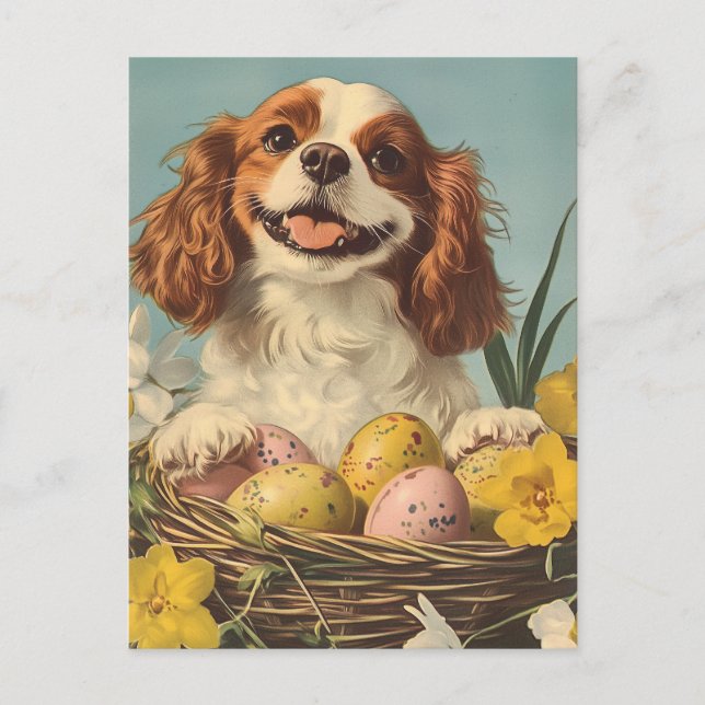 Cartão Postal Páscoa Cavalier King Charles Spaniel Vintage (Frente)