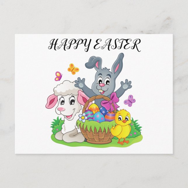 Cartão Postal Páscoa coelho, carneiro e pintinho postal. (Frente)