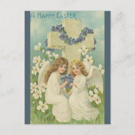 Cartão Postal Páscoa com Dois Anjos Vintage e Flores Azuis com C