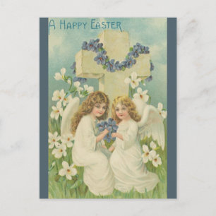 Cartão Postal Páscoa com Dois Anjos Vintage e Flores Azuis com C
