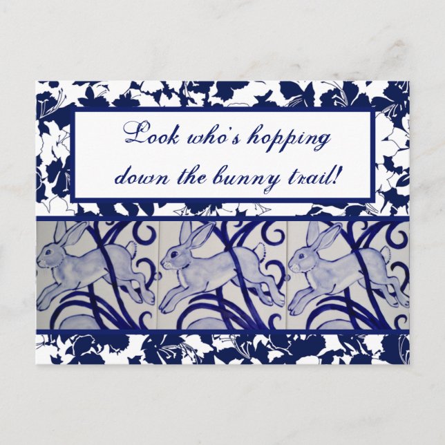 Cartão Postal Páscoa de Deco de Arte Coelho Azul e Branco (Frente)